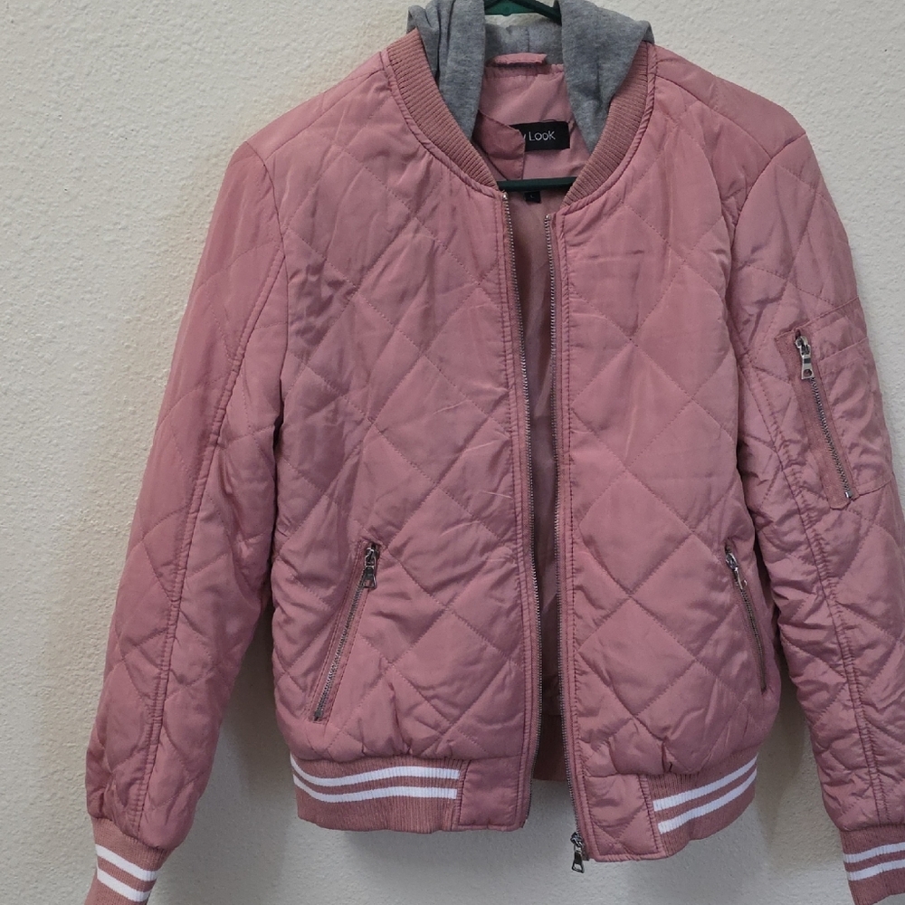 New Look Pink Quilted Bomber Jacket with Grey Hood